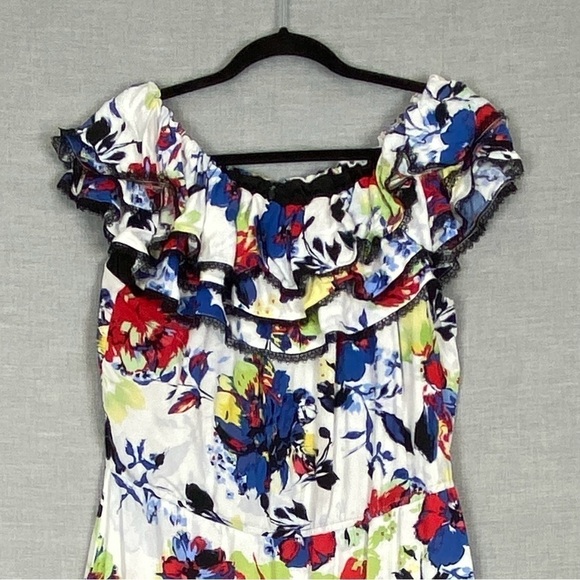 Peter Nygard Floral Midi Dress Sz 16 Ruffles Off the Shoulder - Picture 3 of 12